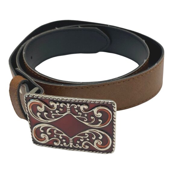 Western Style Brown Faux Leather Belt Ornate Red Enamel Silver Tone Buckle - Picture 10 of 10
